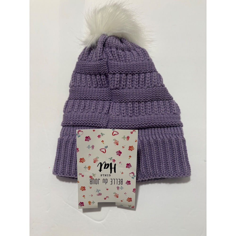 Belle Du Jour Girls Purple Knit Beanie Hat White Faux Fur Pom Pom New NWT